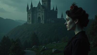 A woman stands in front of a castle on a hill