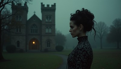 Woman in fog before a large, old building