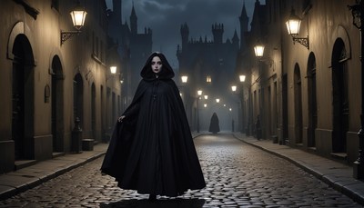 A cloaked woman walks down a night street