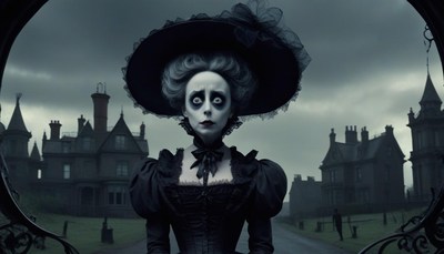 A woman in a wide-brimmed hat gazes at a victorian home