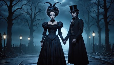 A couple walks through a dark, moonlit street