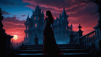 A woman stands on the steps of a grand house at dusk