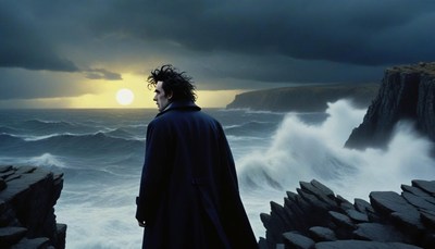 Man on cliff watches turbulent ocean at sunset