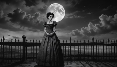 A woman stands by a fence under a full moon