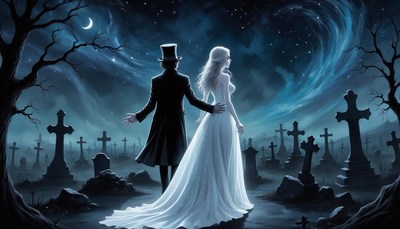 A couple walks through a cemetery at night