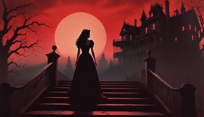 A woman walks towards a large house under a red moon