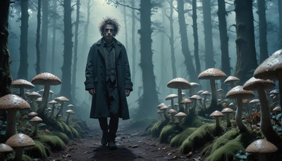 A man walks through a misty forest, surrounded by mushrooms