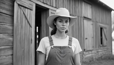 A woman stands in front of a barn