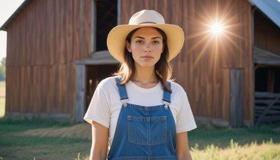 A woman in overalls stands in front of a barn on a sunny day