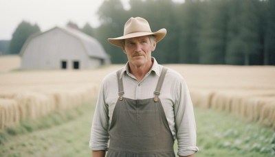 A farmer stands in a field with a barn in the background