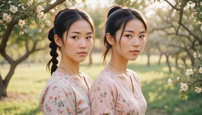 Twin sisters pose in a blooming orchard