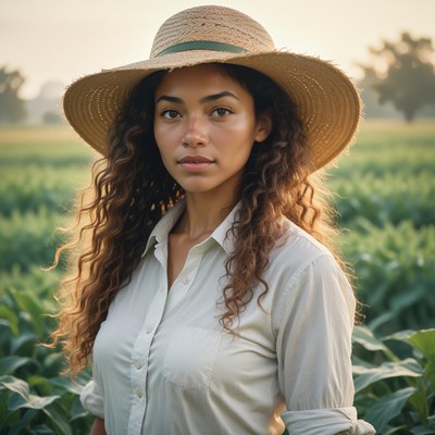 A woman in a straw hat stands in a green field