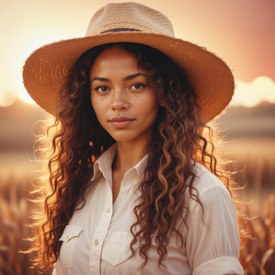 A young woman with long, curly hair looks toward the camera