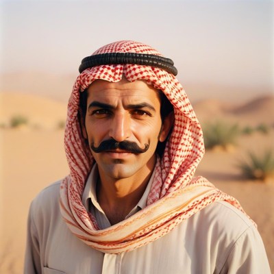 A man with a mustache in a desert setting