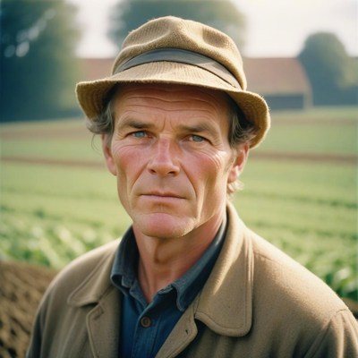 A man in a hat stands in a field
