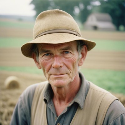 A man in a hat looks intently at the camera in a field