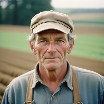 A farmer stands in a field, looking directly at the camera