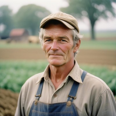 A farmer stands in a field, looking directly at the camera