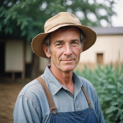 A man wearing a hat and overalls smiles at the camera