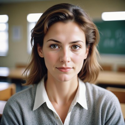 A woman in a classroom looks directly at the camera
