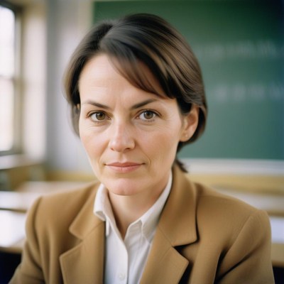 A woman looks intently at the camera in a classroom