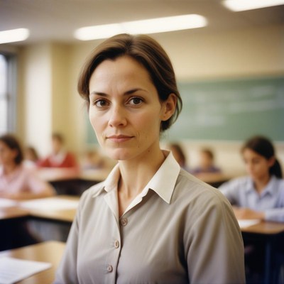 A woman looks directly at the camera in a classroom setting