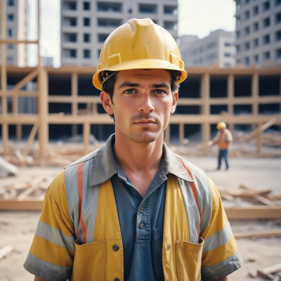 A construction worker stands in front of a building site