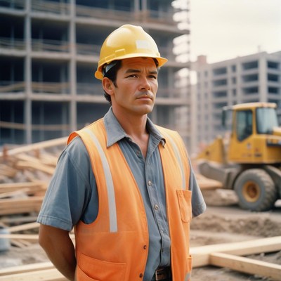 A construction worker stands on a site
