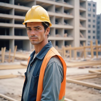 A construction worker stands on a building site