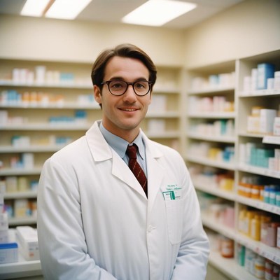 A pharmacist smiles in a pharmacy