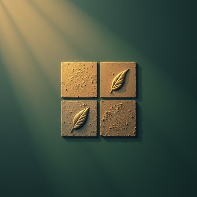 Four tiles with leaves etched in them hang on a wall