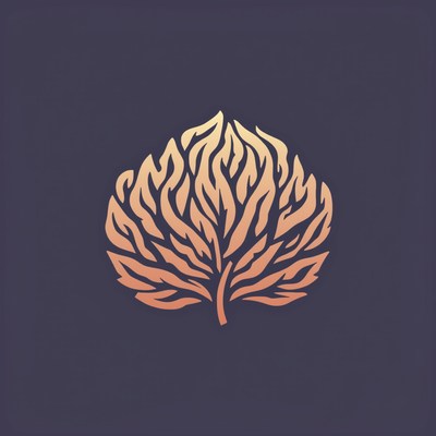 A stylized gold leaf design against a dark background