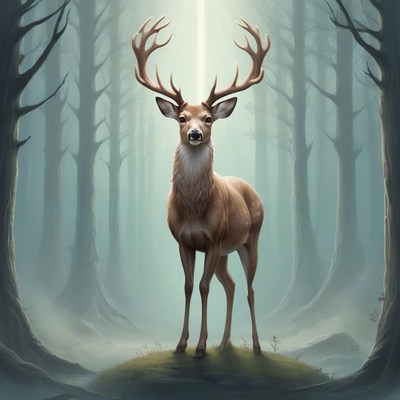 A deer stands in a foggy forest