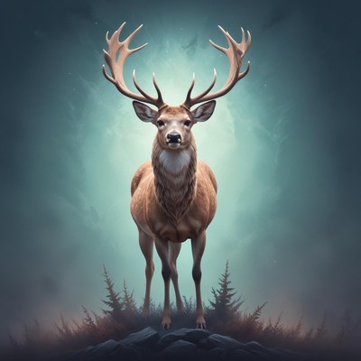 A majestic deer stands tall in a misty forest