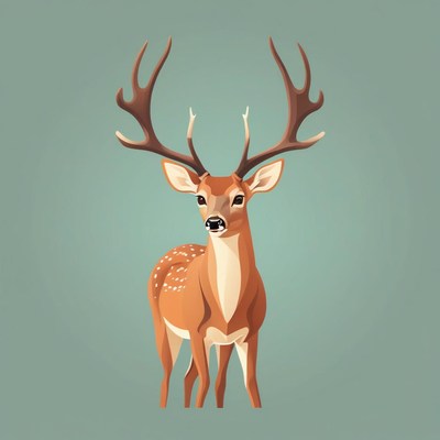 A spotted deer stands with its antlers spread wide