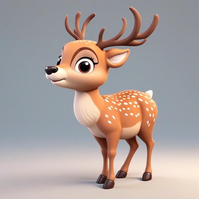 A cute cartoon deer stands on a gray background