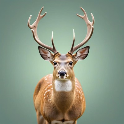 A deer with large antlers looks directly at the camera