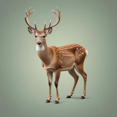 Spotted deer with big antlers on green backdrop