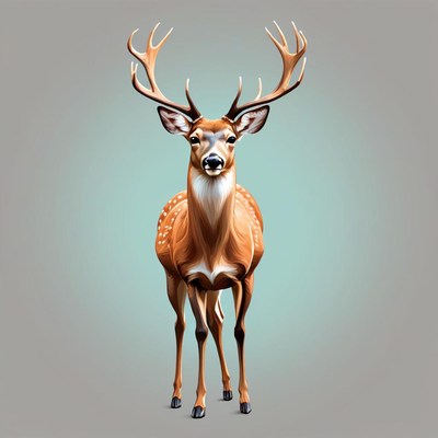 A deer with large antlers stands against a blue background