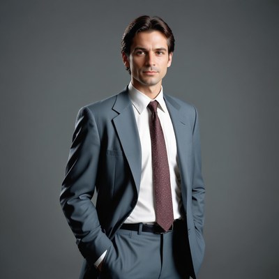 A man in a blue suit stands with his hands in his pockets