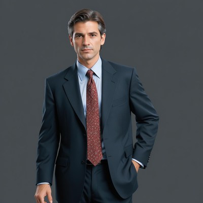 A man in a suit stands against a gray background