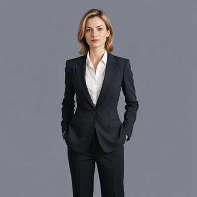 A woman in a black suit stands in front of a grey background