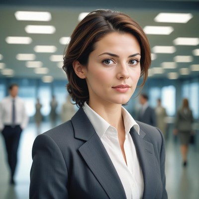 A woman in a suit stands in an office
