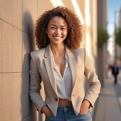 A woman smiles while standing in a city street