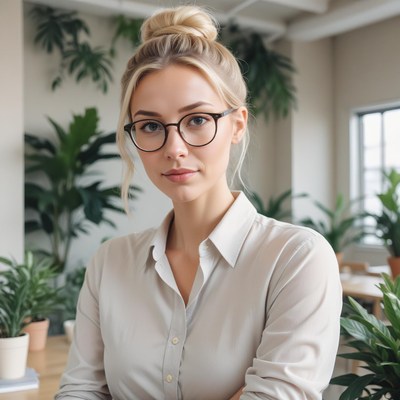 A woman with blonde hair and glasses stands in an office