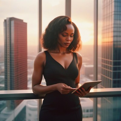Woman on balcony uses tablet at sunset