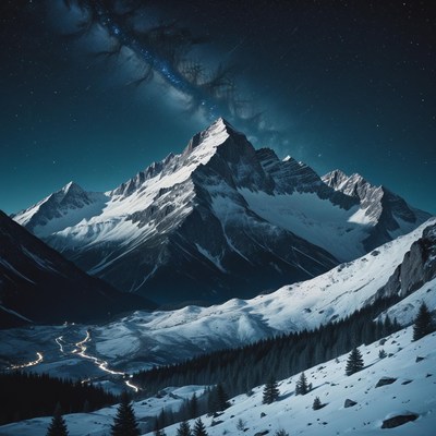 A snowy mountain range under a starry night sky