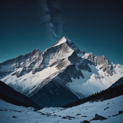 A snowy mountain peak stands tall under a starlit sky