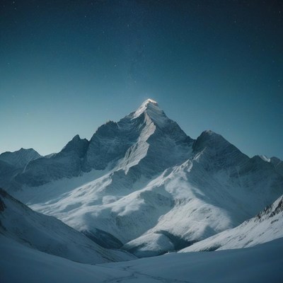 Snow-capped peak towers over valley under stars
