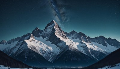 Snowy mountain peaks rise under a starry night sky